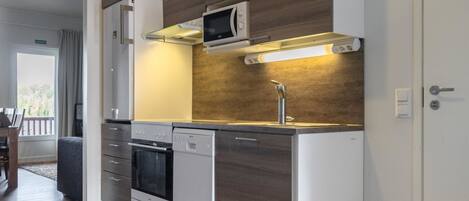 Fridge, microwave, dishwasher, cookware/dishes/utensils