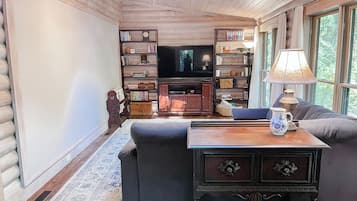 Smart TV, fireplace, books