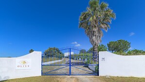 A gated entrance with a palm tree and a white wall with a logo. - Cottage 'Olive Village Alentejo' with Private Pool, Wi-Fi and Air Conditioning (Vila Azedo)