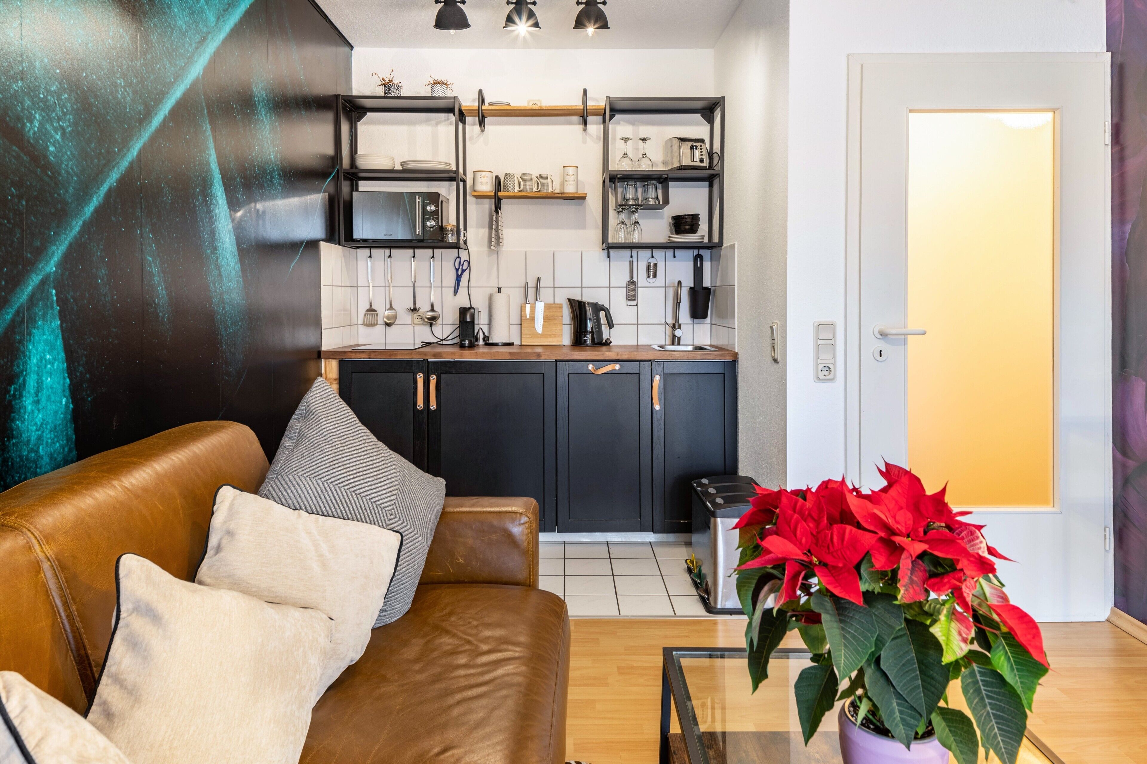 A modern kitchen with black cabinets, a countertop, and a toaster. There is a brown leather sofa with cushions and a glass coffee table. A potted plant with red leaves is on the floor.