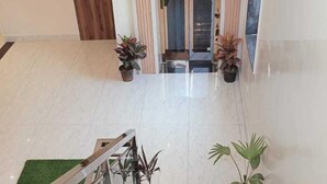 Eine Treppe mit Glasgeländer führt zu einer Zwischenebene mit Topfpflanzen.