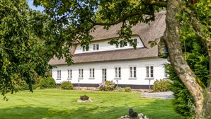 Een wit gebouw met rieten dak, omringd door een verzorgd gazon en stenen details.