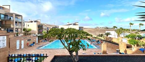 Ein Pool auf dem Dach mit Liegestühlen, umgeben von Gebäuden und Palmen.