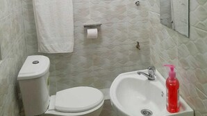 Un baño con inodoro, lavamanos y espejo.