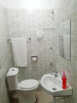 Suite estudio Deluxe, vistas a la ciudad | Baño | Ducha, artículos de higiene personal gratuitos, zapatillas y toallas