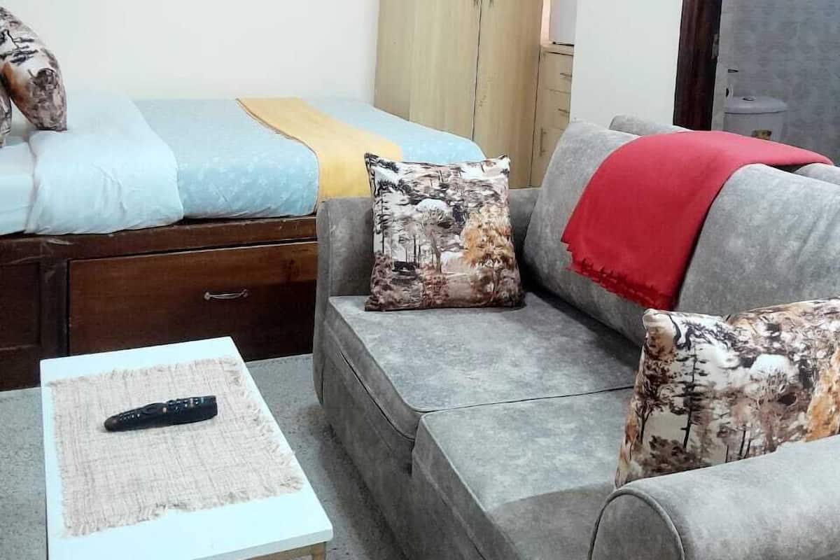Une petite pièce meublée, comprenant un lit, un canapé, une table et une armoire.