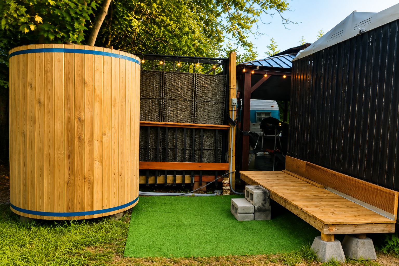 Een houten zitgedeelte buiten met kunstgras, een groot cilindrisch object en een zwarte constructie met een schuin dak.
