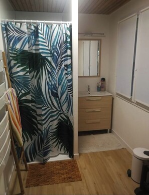 Hair dryer, towels, soap, toilet paper
