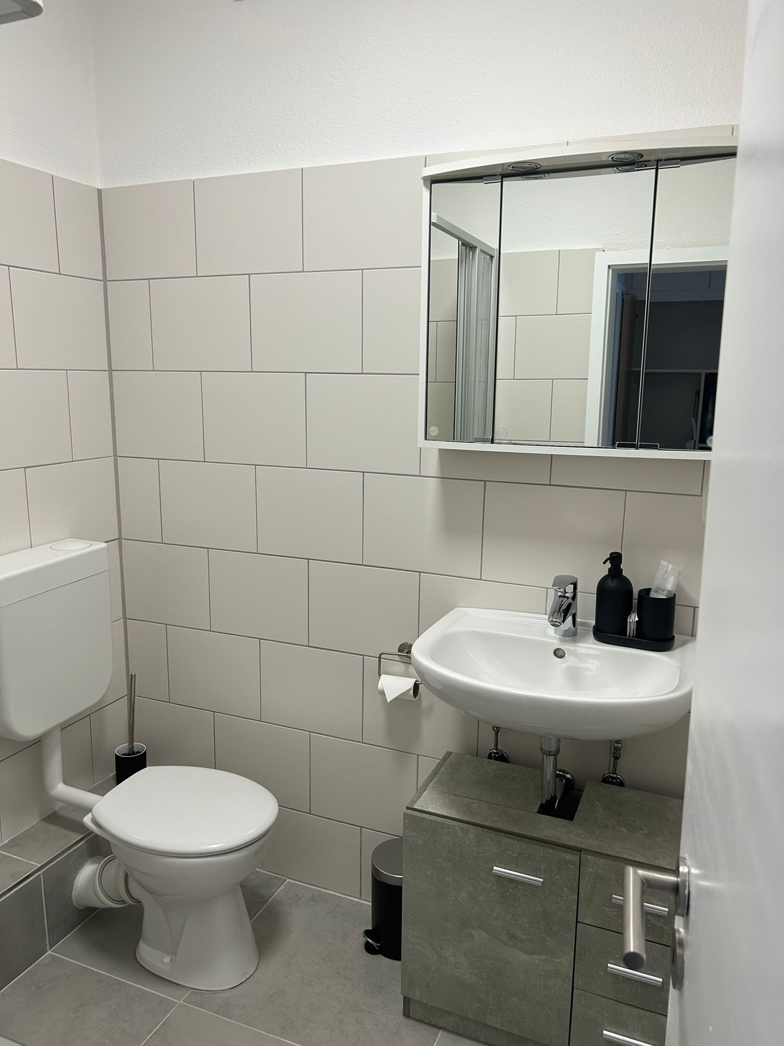 Une salle de bain moderne avec des toilettes, un lavabo et un miroir.