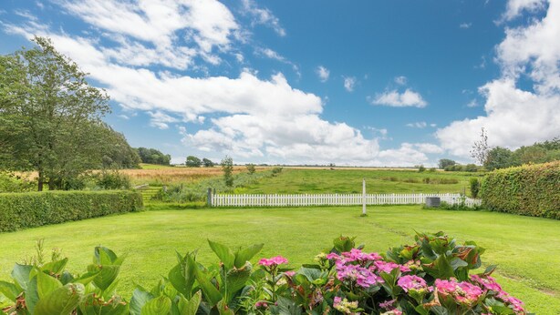 A well-maintained garden with a white fence, lush greenery, and flowering plants.