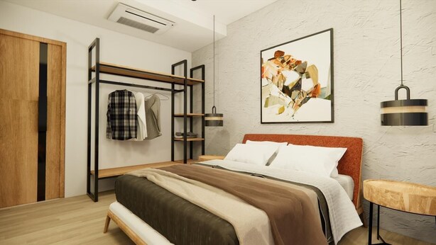 A modern bedroom with a bed, a wooden wardrobe, a clothing rack, and a painting on the wall. - Apartment De Thamel  (Kathmandu)
