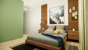 A modern bedroom with a bed, wooden headboard, bedside tables, a painting, and a green wall. - Apartment De Thamel  (Kathmandu)