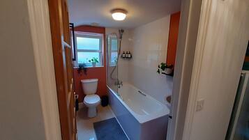 Hair dryer, towels, soap, shampoo