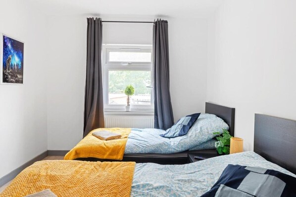 Une chambre avec deux lits, une fenêtre avec des rideaux, une petite plante et un tableau encadré au mur.