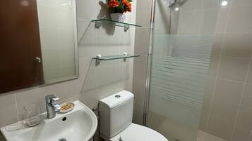 A modern bathroom with a sink, toilet, and glass-enclosed shower.