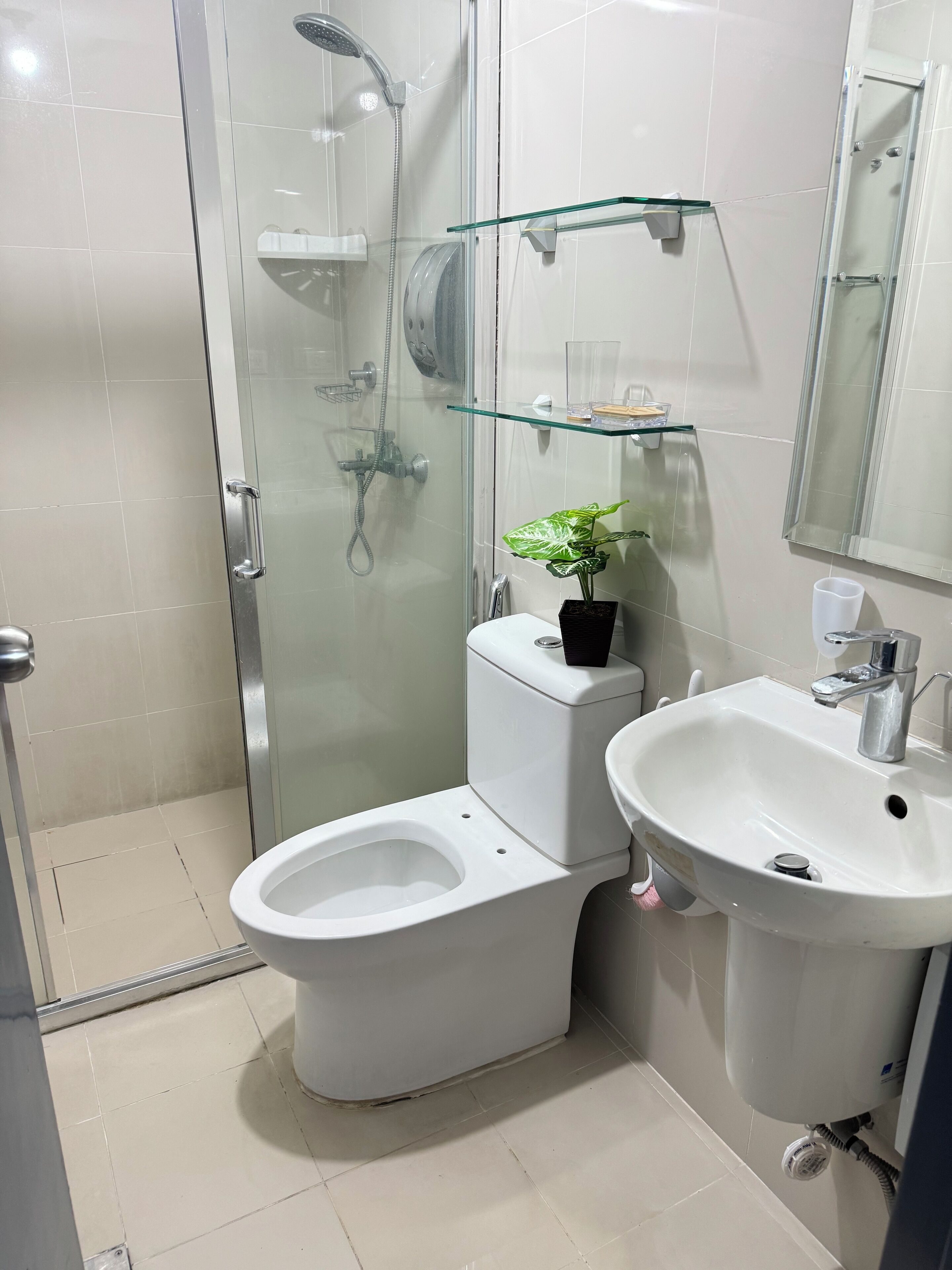 A modern bathroom with a glass-enclosed shower, a bidet, a toilet, a sink, and a potted plant.