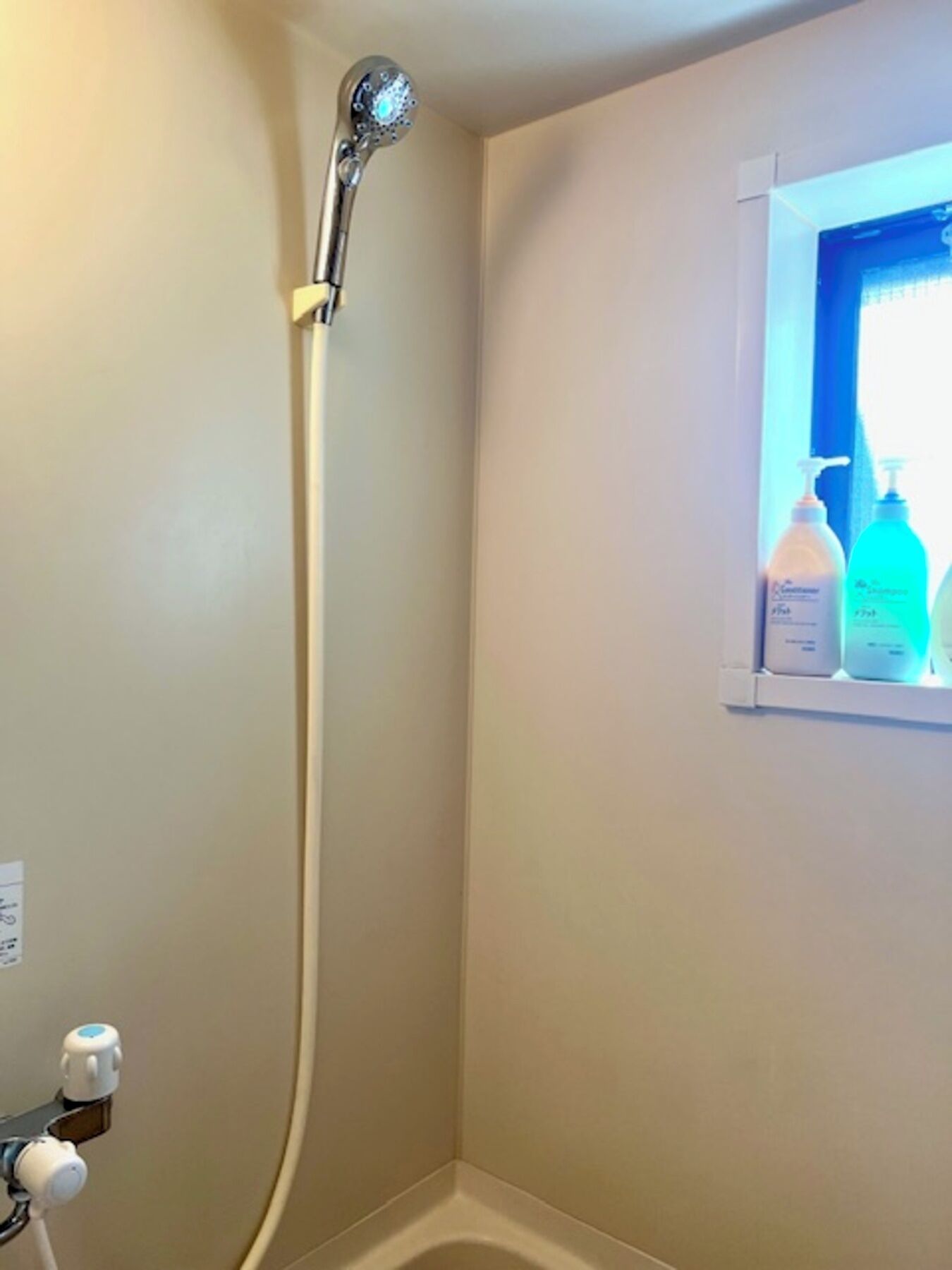 Une douche d’angle avec un pommeau de douche à main, une fenêtre avec des flacons de produits de toilette et un panneau de commande fixé au mur.