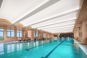 Indoor pool, open 1:00 PM to 9:00 PM, lifeguards on site