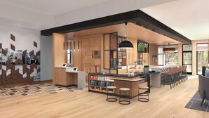 A modern bar area with wooden accents, a seating area with bar stools, and a cityscape view through large windows. - Hyatt Place Cape Canaveral (Cape Canaveral)