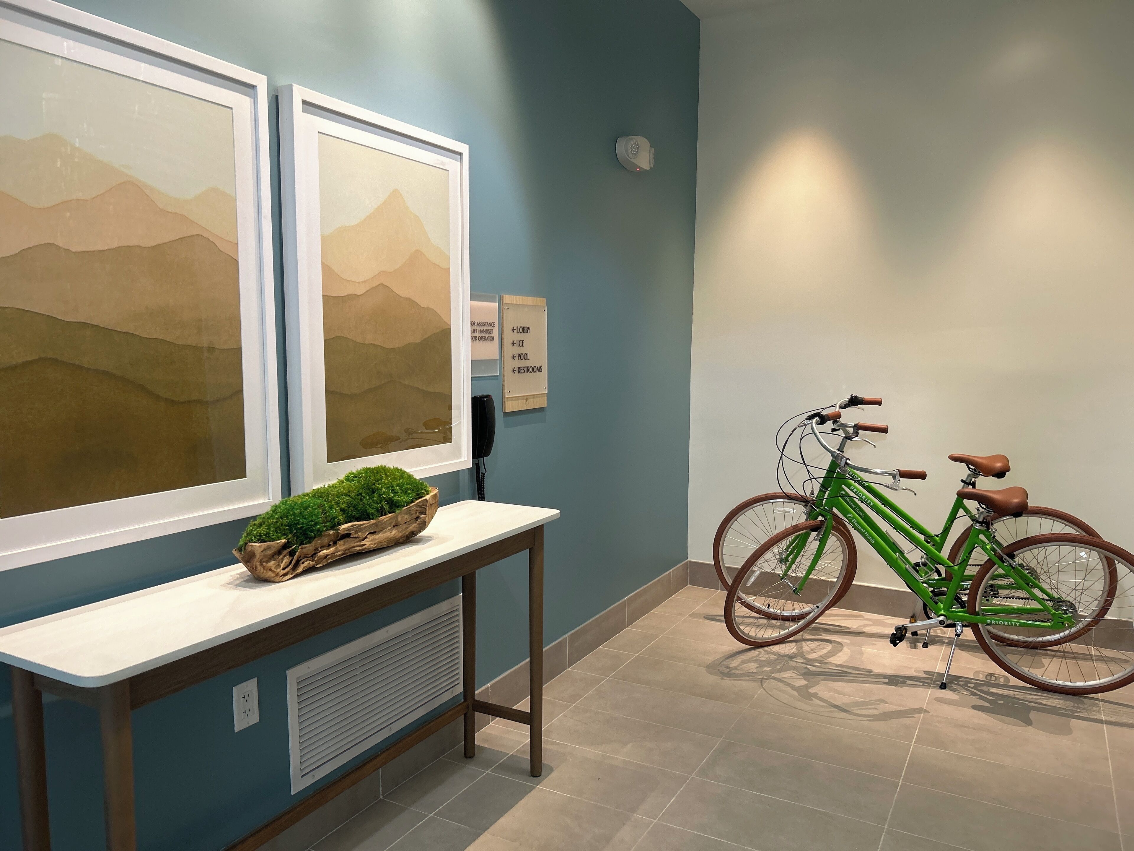 A reception area with a reception desk, two framed landscape paintings, a green bicycle, and directional signs.