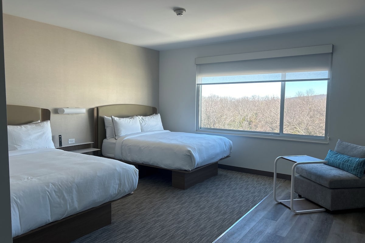 A modern hotel room with two beds, a sofa, a large window with a view of trees, and a ceiling light.
