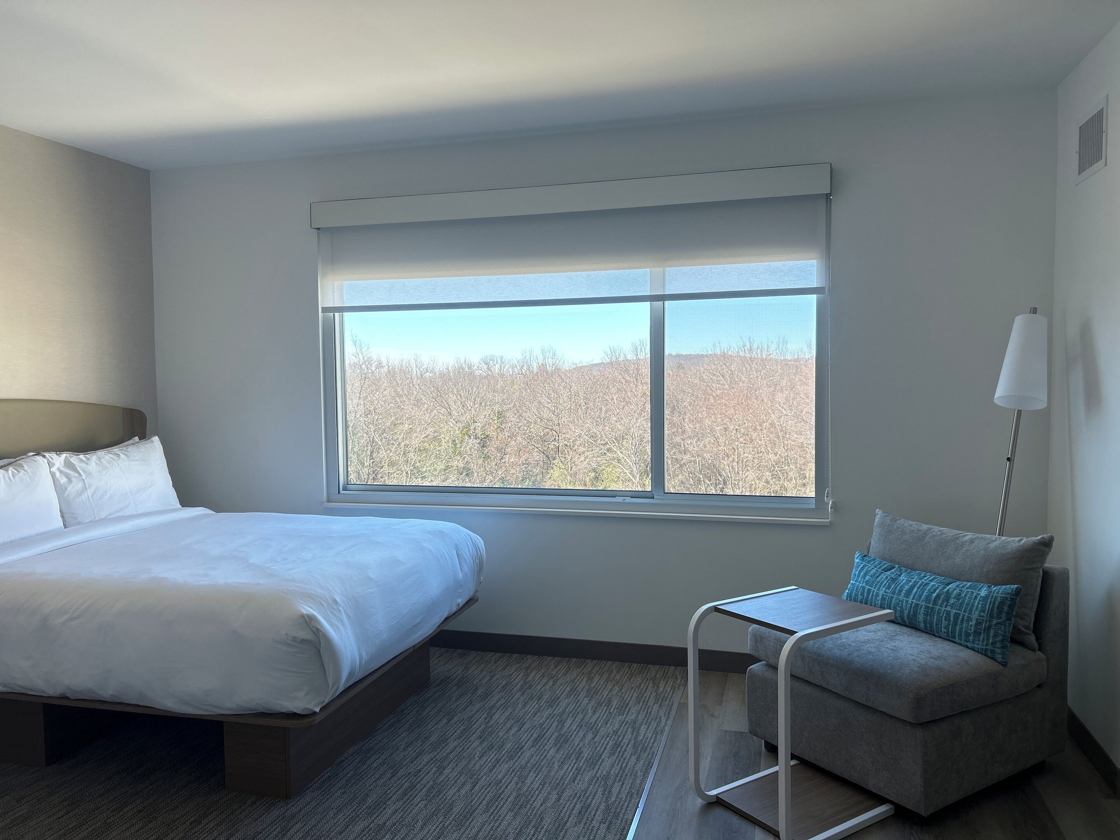 Quarto de hotel com cama, um espaço de estar pequeno, janela com vista para árvores e abajur.