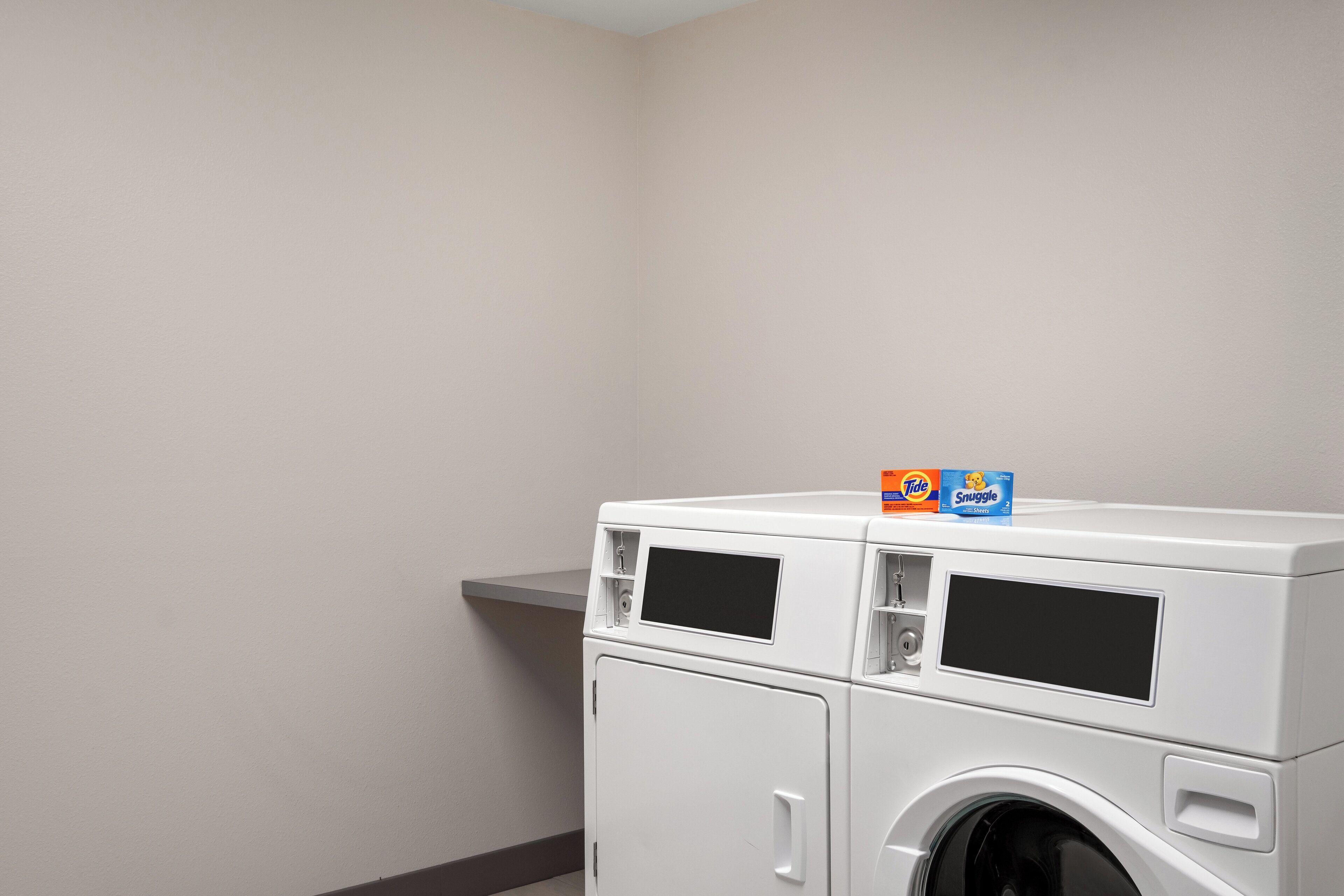A laundry room with a front-loading washer and dryer, a shelf with Tide and Snuggle detergent boxes, and a gray wall.