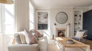 Smart TV, fireplace, books