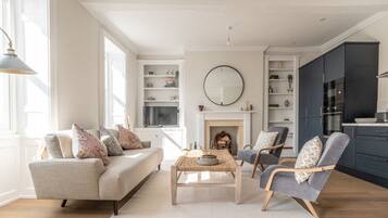 Smart TV, fireplace, books