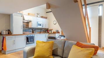 Smart TV, fireplace, books, video library