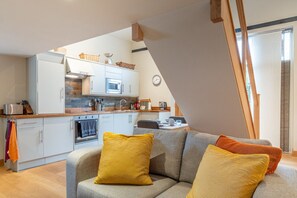 Smart TV, fireplace, books, video library