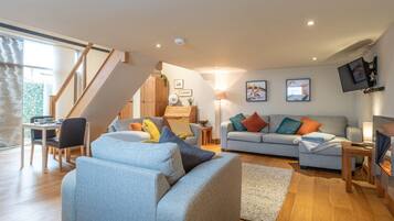 Smart TV, fireplace, books, video library