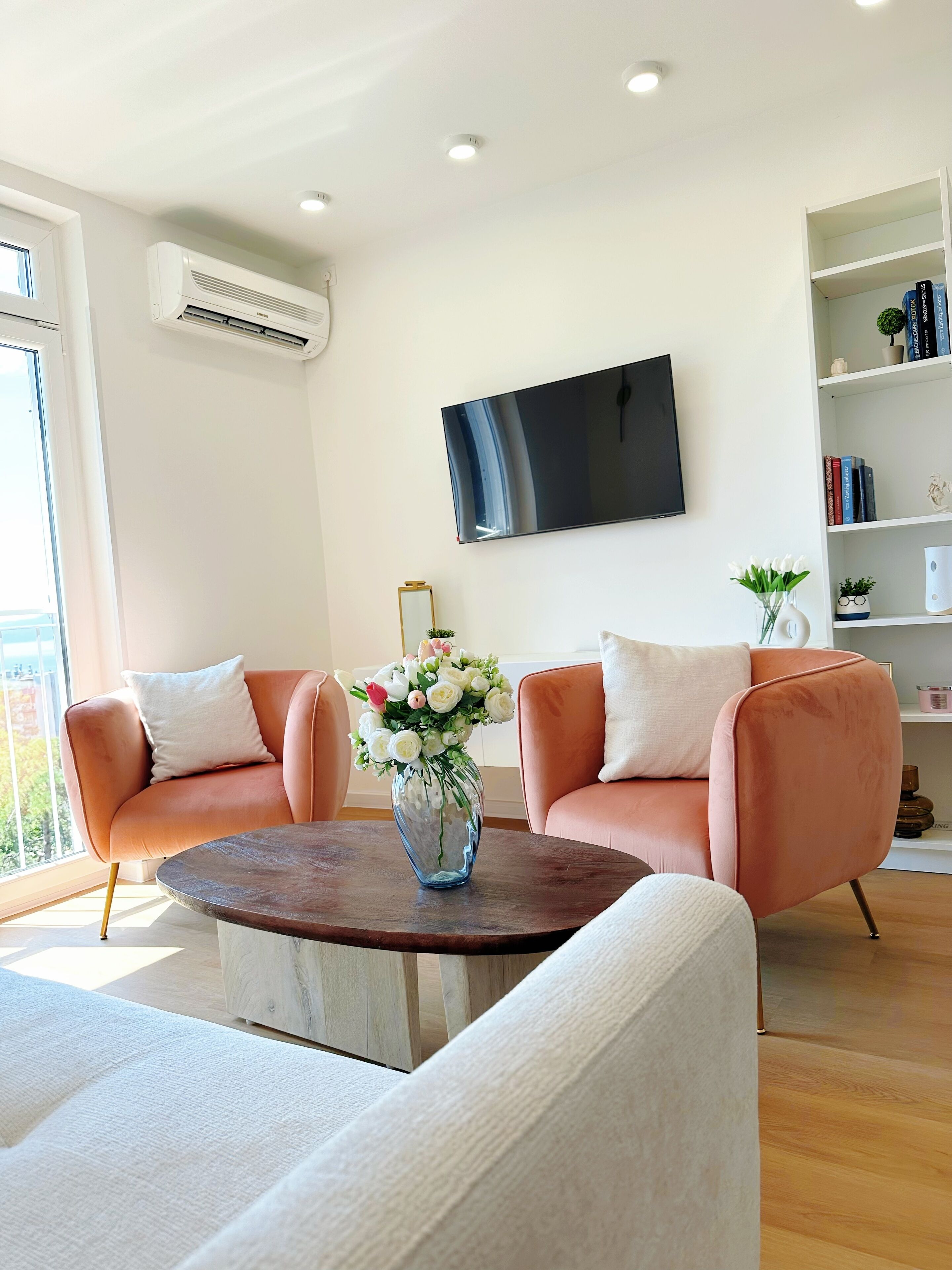 A modern living room with two sofas, a coffee table, a flat-screen TV, and a bookshelf.