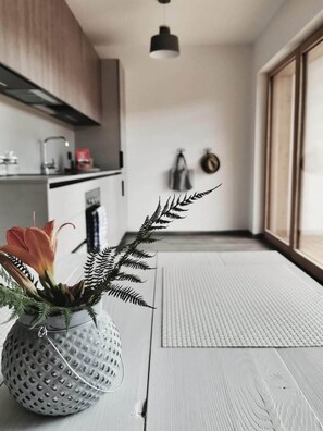 Comfort Apartment, 1 Bedroom | Private kitchen | Full-sized fridge, oven, stovetop, dishwasher