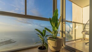 A balcony with two potted plants, a view of the sea, and a modern interior with a glass door and a chair.