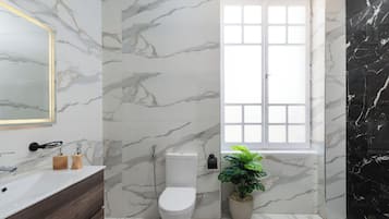 Appartement Confort, balcon, vue ville | Salle de bain | Douche, sèche-cheveux, serviettes fournies, savon