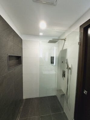 Shower, hair dryer, bidet, towels