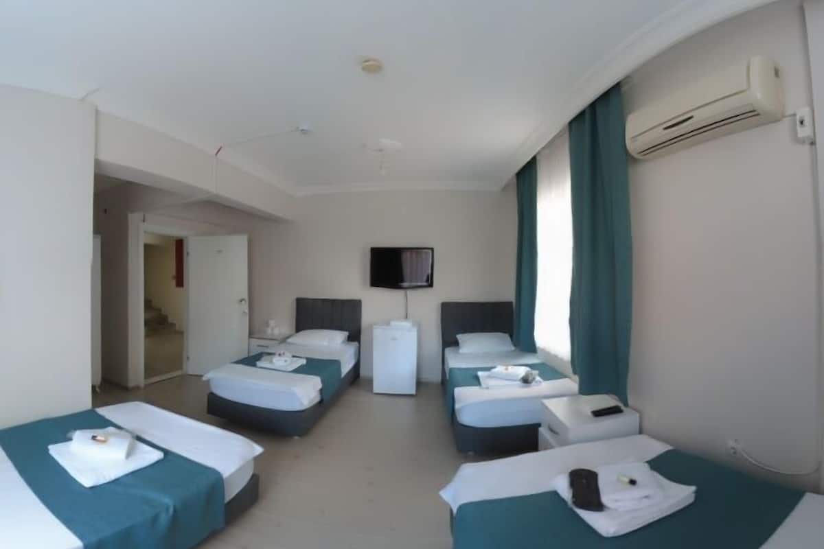 Une chambre d’hôtel avec trois lits simples, une télévision, un appareil de climatisation et une porte donnant sur un escalier.