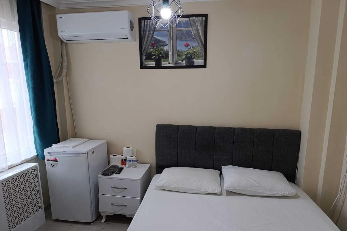 Une chambre d’hôtel équipée d’un lit, d’un bureau avec un ordinateur, d’une fenêtre donnant sur un paysage agréable et d’un climatiseur.