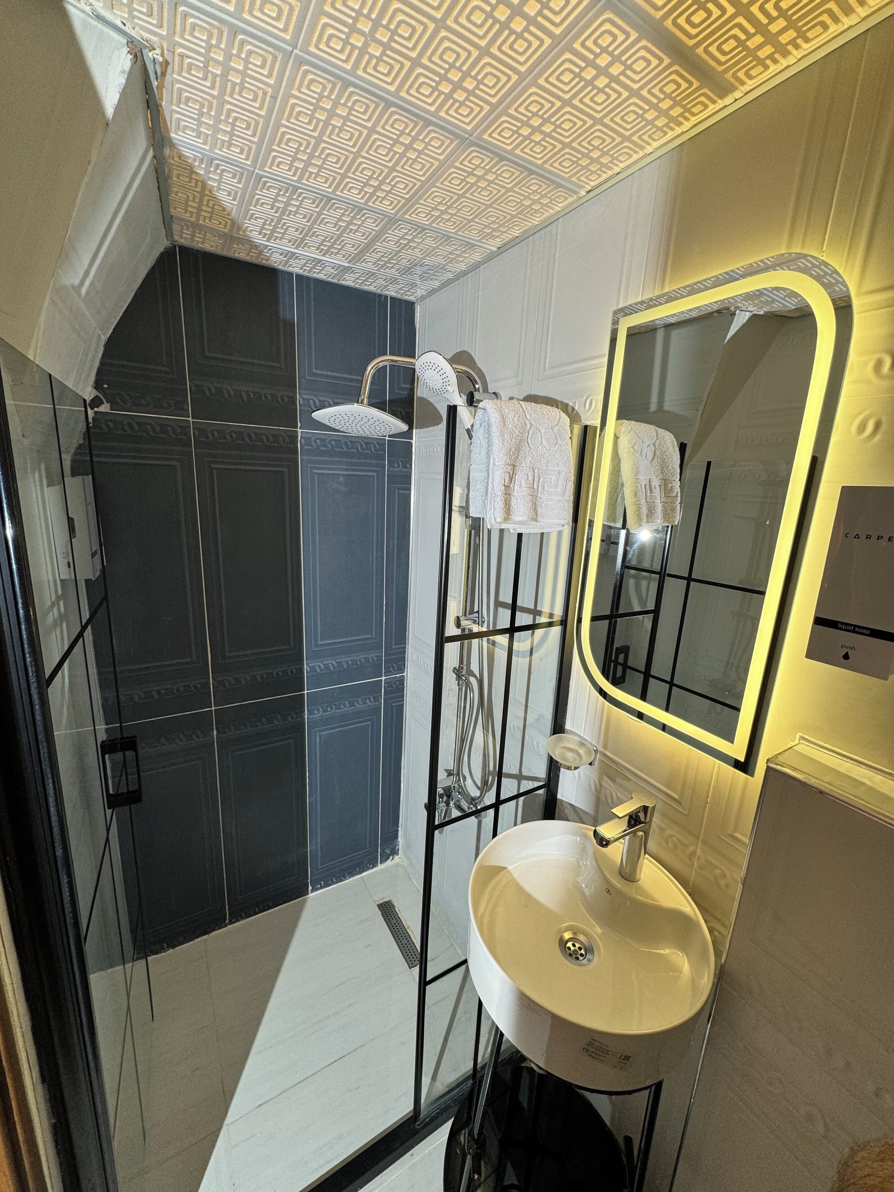 Un baño moderno con ducha de vidrio, un lavabo blanco y un espejo grande con marco dorado.