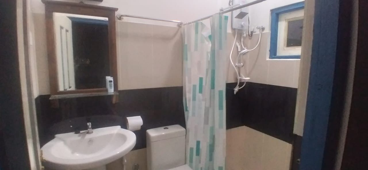 Un baño con lavamanos, inodoro y zona de ducha.