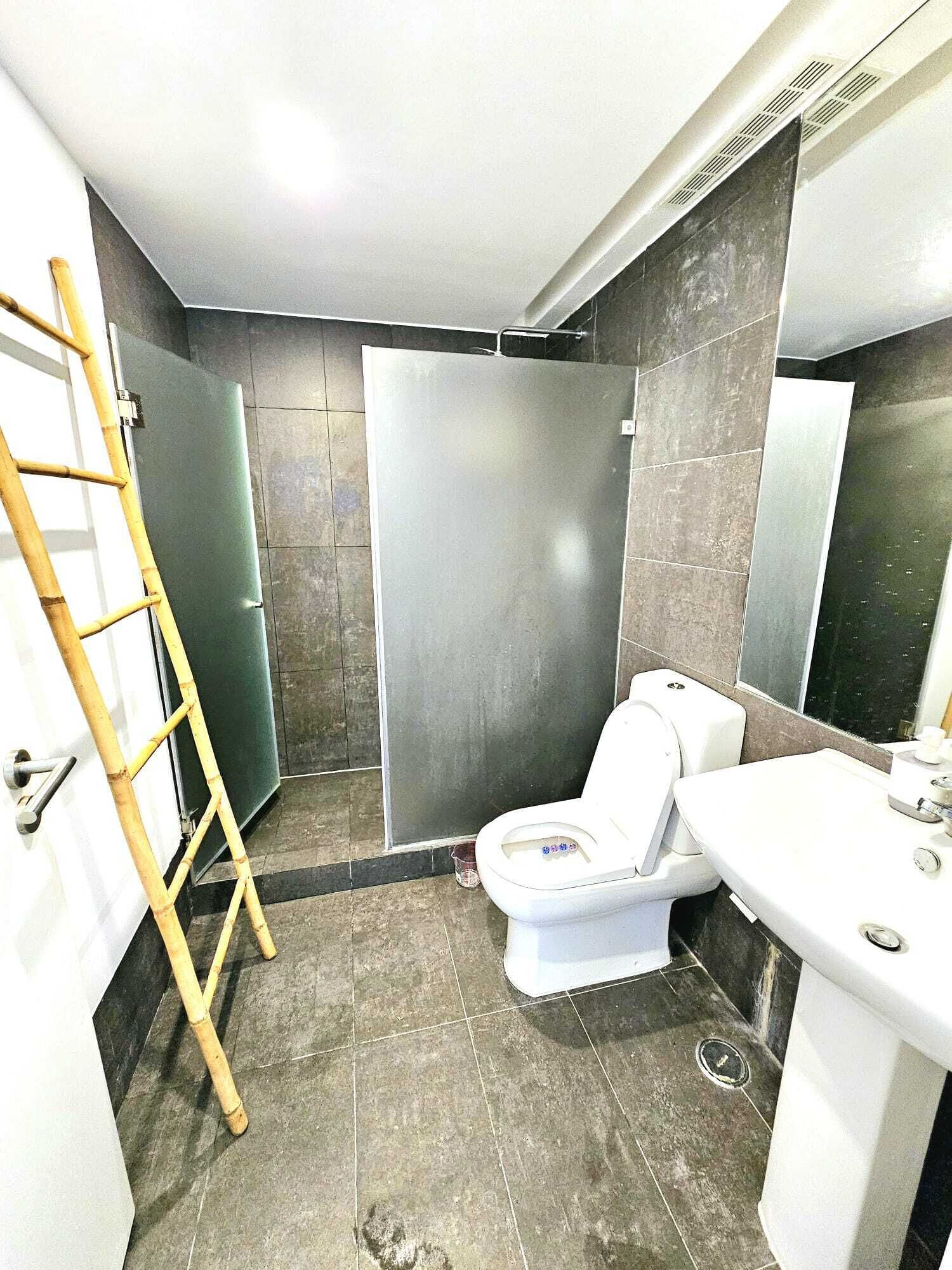 A bathroom with a toilet, sink, and shower. A ladder is leaning against the wall.