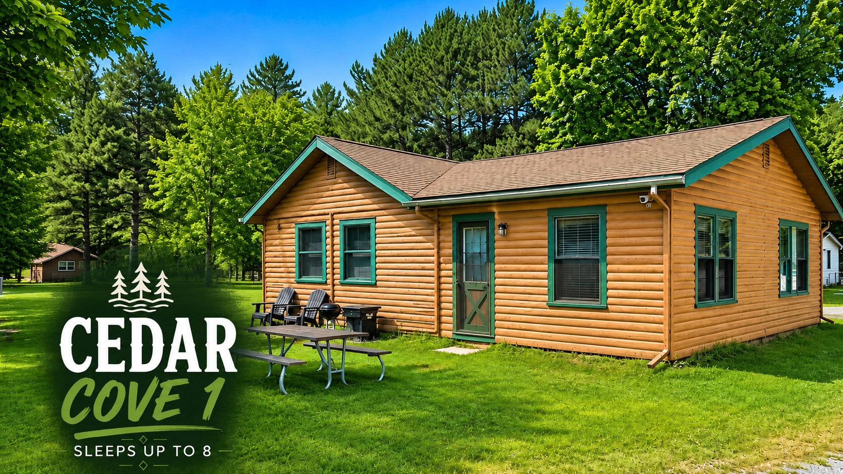 Cozy log cabin retreat with spacious lawn, outdoor seating, and room for 8