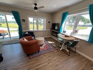Smart TV, fireplace, books