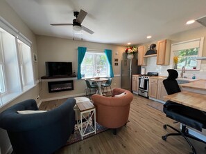 Smart TV, fireplace, books