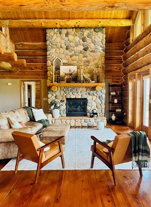 Smart TV, chimenea y libros 