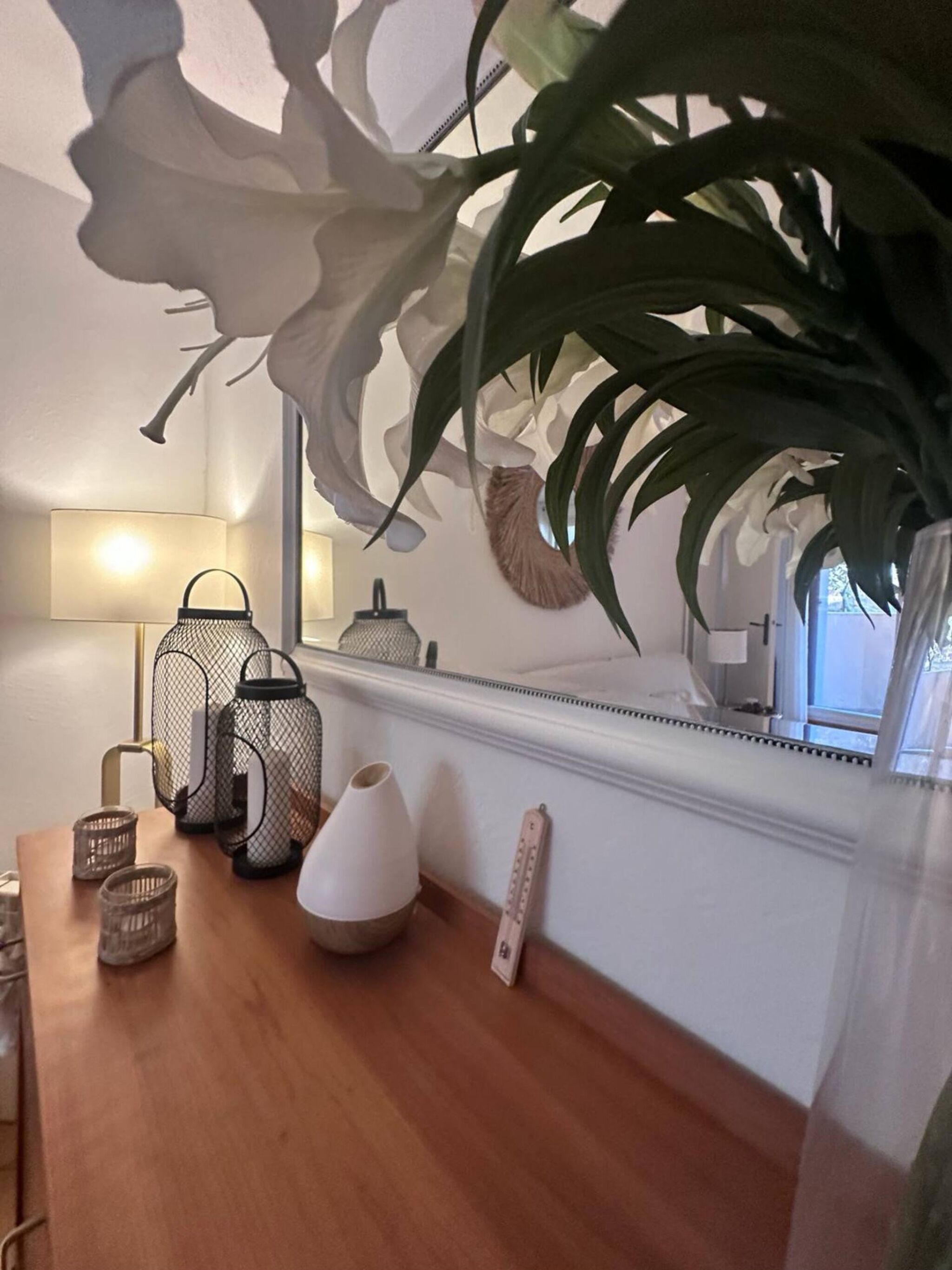 Uma mesa de madeira com objetos decorativos, uma planta grande e um espelho refletindo uma janela.