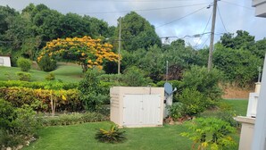 A view from a balcony overlooking a well-maintained garden with a variety of plants and a small shed.