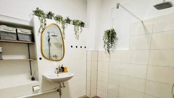 Hair dryer, towels, soap, toilet paper