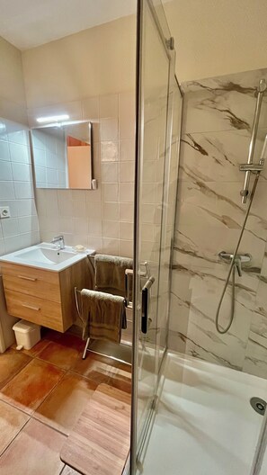 Hair dryer, towels, soap